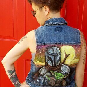 PRICE DROP: STAR WARS Hand Painted Denim Vest -"Mandalorian and The Child "